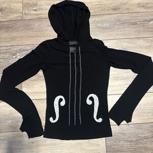 Heavy Red Black Violin Cello Long Sleeve Hooded Shirt with Thumb Holes Smalll